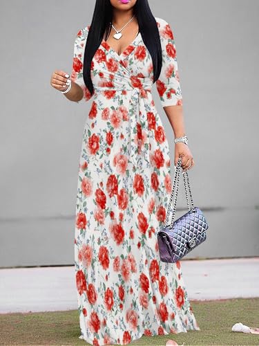 Image of Women's V Neck Floral Maxi Dress 3 /4 Sleeve Plus Size Boho Wrap Flowy Long Dresses with Belt