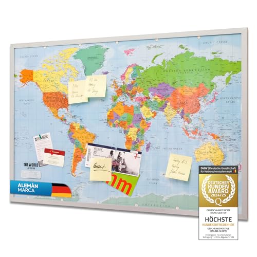 Tablero de anuncios de corcho del mapa mundial con marco 90x60 cm - Tablero de notas de corcho con 20 banderas marcadoras - Tablero de anuncios del mapa mundial Memoboard XXL