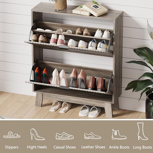 Image of HUANLEGO Shoe Cabinet Storage for Entryway with 2 Flip Drawers, Fluted Narrow Shoe Organizer with Wooden Legs, Freestanding Slim Shoe Storage Hidden Shoe Rack Organizer for Front Door Entrance, Grey