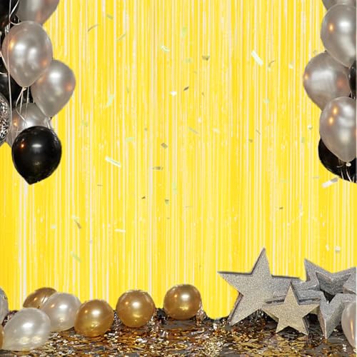 Image of DECOCKRAT 3 Pack Foil Fringe Backdrop - Pastel Yellow Shiny Tinsel Curtains for Party Decoration /Photo Booth Props - 3.3x8.2 FT Metallic Foil Backdrop for Birthday, Wedding, Graduation, Christmas.