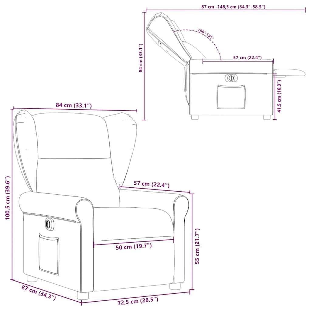 Sillón de relax eléctrico de tela marrón con función reclinable y respaldo ajustable, acolchado con reposabrazos, sillón ergonómico de madera y metal para salón, rincón de lectura, oficina