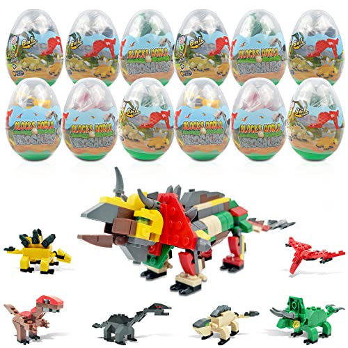 Dinosaur Toys,12PCS Easter Eggs Filled with Dinosaur Building Blocks,Dinosaur Eggs,Easter Egg Hunt Toys/Gifts,Dinosaur Model Building Sets,Mini Animal Dinosaur Party Favors&Supplies,Gifts for Kids 6+