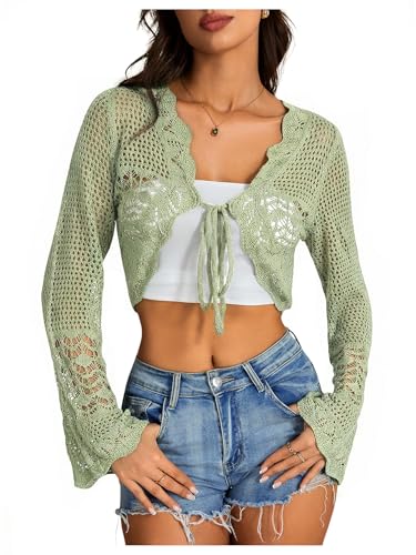 Image of OYOANGLE Women's Crochet Tie Front Sweater Cardigans Bell Sleeve Knitted Cropped Bolero Shrug Cardigan