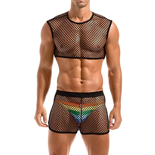 AMY COULEE Mens Fishnet Crop Top Sexy Mesh Tank Top See Through Sleeveless Undershirts Nightclub Party Vest - Main Image