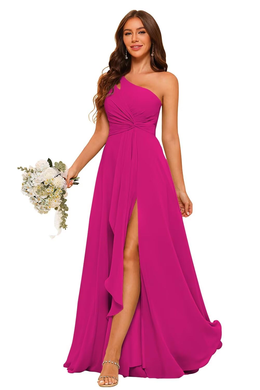 One Shoulder Chiffon Bridesmaid Dress Pleated Bodice Long A Line Prom Dress for Women BL03