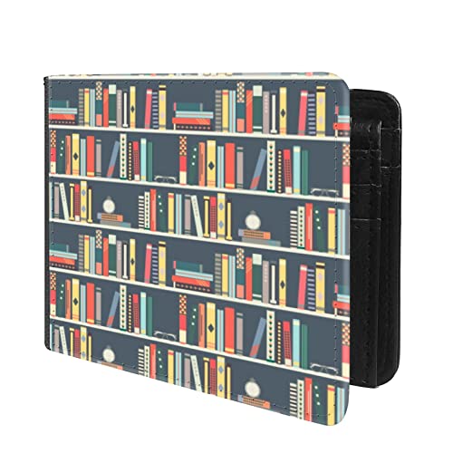 (Books And Bookshelf Pattern Front Pocket Slim Bifold Leather Wallet RFID Blocking with ID Window for Men