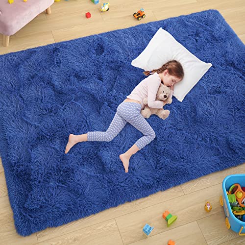 Ultra Soft Fluffy Rugs for Bedroom 4x6 Feet, Shag Area Rugs for Living Room, Large Comfy Furry Rug for Boys Kids Baby Room Decor, Non Slip Nursery Rug Modern Indoor Fuzzy Floor Carpet, Light Navy
