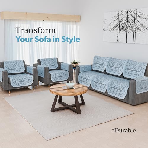 Image of Kuber Industries Soft Net Cotton Sofa Cover 5 Seater Set with Arms for Living Room | Sofa Protector Cover for Home Decor Protection | Galaxy 4 Way Design - Grey