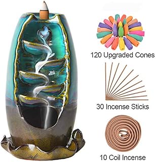 SOLEJAZZ Backflow Incense Burner Waterfall Incense Holder Ceramic with 120 Backflow Incense Cones