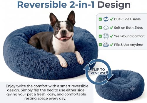 Image of ZEXSAZONE Round Donut Pet Bed for Cats and Puppies Dogs, Cozy and Plush, Raised Bedside Support, Both Sides Use Like 2 in One, Washable, Sizes for Small, Medium, and Large Pets. (Blue, Medium)