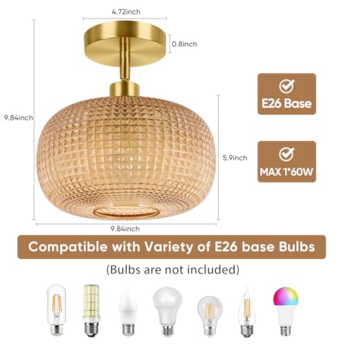 ROTTOGOON Semi Flush Mount Ceiling Light, Adjustable Hanging Gold Sloped Ceiling Lights with Amber Glass Shade Modern Hallway Light Fixtures for Kitchen Bathroom Entryway Bedroom (Bulb Not Included) by ROTTOGOON - Used condition - Image 4