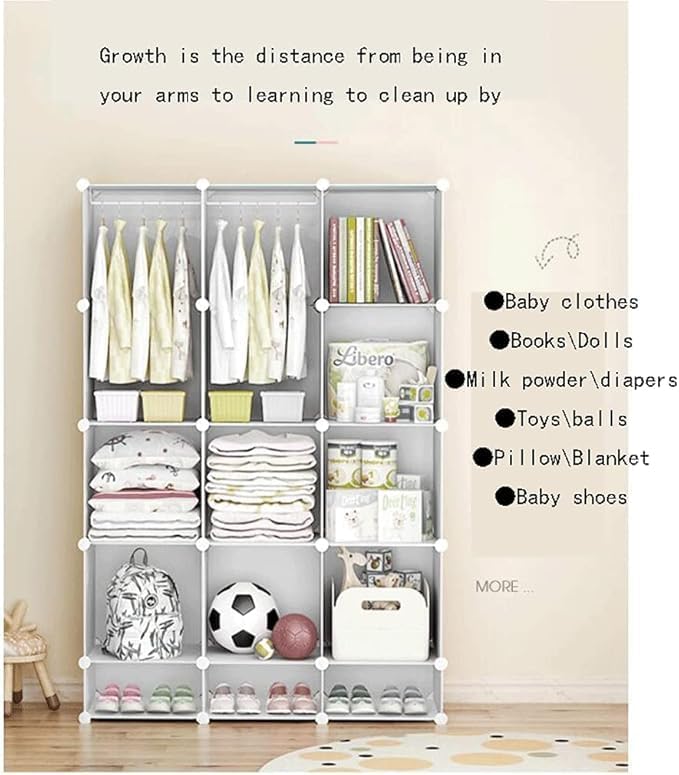 Image of Sunderlook Plastic Wardrobe for Kids Clothes - Non Slip and Anti Skid Multipurpose Kids Wardrobe, Foldable Wardrobes for Cloth, Collapsible Wardrobe for Bedroom (White-KTB1, 12 Door)