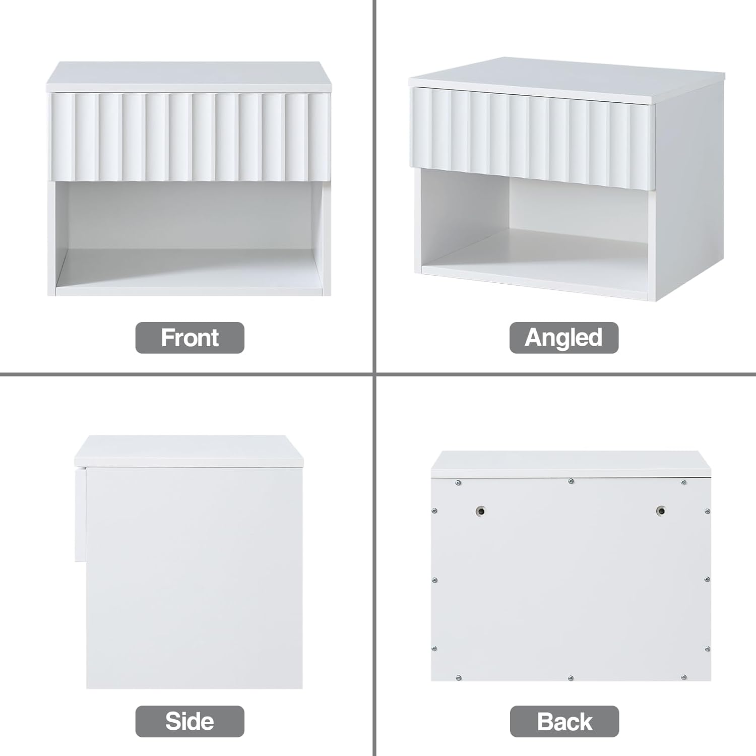 Floating Nightstand with Fluted Drawer - Modern Wall Mounted Bedside Table with Open Storage Shelf, Small Night Stand TV Stand for Bedroom(Matte White, Set of 2)