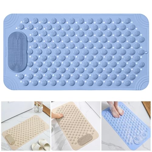 Image of VHKD PVC Bathroom Door Bath mat Anti Slip Skid with Foot Scrubber for Room Shower Suction Cups Drain Holes Silicone Floor mat Rectangle (Blue) 70x35cm