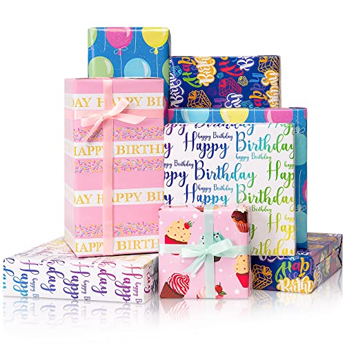 Larcenciel Birthday Wrapping Paper Set - 5 Sheets and 5 Silk Ribbons,...