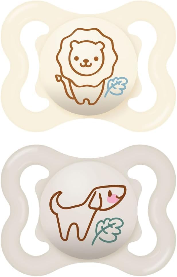 MAM Air Succhietto 2-6 Mesi (Set da 2), Ciuccio MAM 2-6 mesi per pelli sensibili e delicate, Kit da 2 accessori neonato con tettarella in silicone e porta ciuccio sterilizzatore, Neutro/Beige
