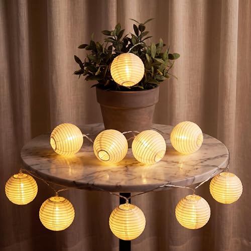 Yoitomehy Lantern String Lights 10FT 10Leds Battery Powered Cozy Fashionable Globe String Lights for Bedroom with Timer Room Decoration for Dorm Plants Bed Frame(Lanterns Need Simple Assembly)