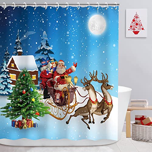 LIVILAN Weihnachts-Duschvorhang, Weihnachtsmann, Rentier, Duschvorhang, Disney-Duschvorhang für Badezimmer mit 12 Haken, blaue Schlitten, Hütte, Schnee, Winter, Urlaub, Stoff, 183 x 183 cm