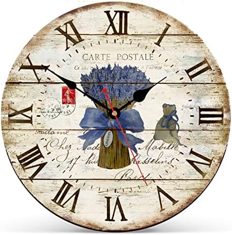 WISKALON French Lavender Pattern Wall Clock, Vintage Wooden Clocks Silent Non-Ticking Wall Decorative Country Style Clocks 14 Inch Roman Numeral Battery Operated Quartz Clock for Home Decor