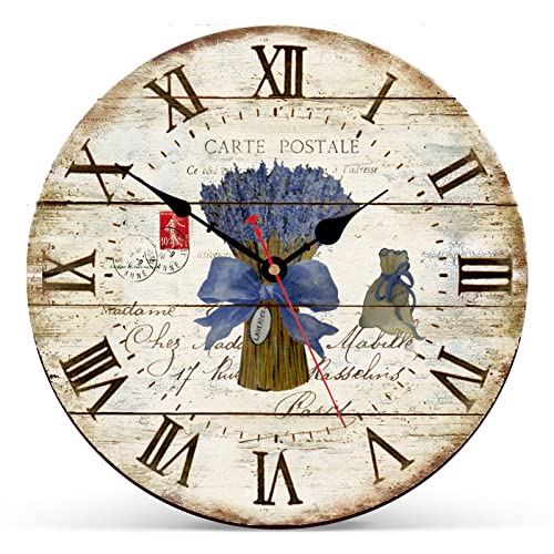 Wiskalon French Lavender Pattern Wall Clock, Vintage Wooden Clocks Silent Non-Ticking Wall Decorative Country Style Clocks 14 Inch Roman Numeral Battery Operated Quartz Clock For Home Decor #TOP3