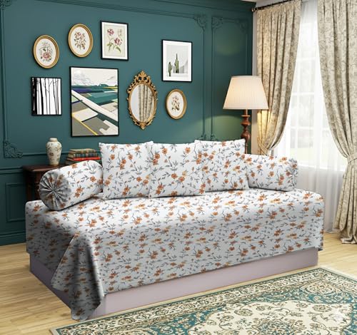 Image of IVAZA 240 TC Soft Ezyption diwan Cover Set Cotton 6 Pieces Designer Printed Standard diwan Cover Set (1 Single Bedsheet, 2 Bolster Covers, 3 Cushion Covers) Brown & White