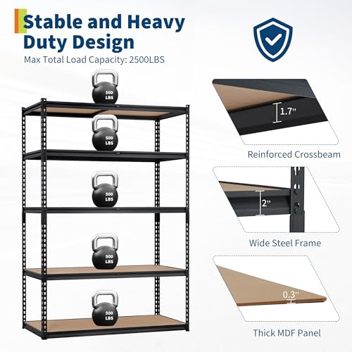 Image of Storage Shelving Unit, 5-Tier Adjustable Metal Storage Shelves, 48 inch L x 24 inch W x 72 inch H Heavy Duty Garage Storage Shelves for Kitchen Pantry Basement Bathroom Laundry