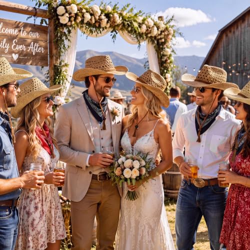 Image of Unittype 4 Pcs Straw Cowboy Hats with Windproof Rope