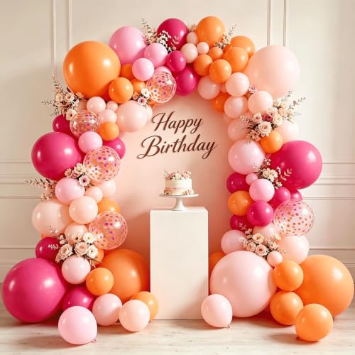 Image of Hot Pink Orange Balloons Arch Kit, Latex, Confetti, Party Decor | Pastel /Light Orange Pink and Hot Pink Balloon Garland, for Birthday Wedding Hawaiian Beach Party Decorations