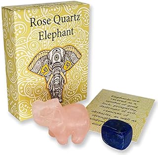 Crystal Elephant in Rose Quartz with *Extra* Chakra Crystal, Meaning Card & Gift Box. Tigers Eye, Turquoise, Amethyst, Lapis Lazuil, Clear Quartz or Other Crystal Included. 1½ Inch Ornament Figurine.