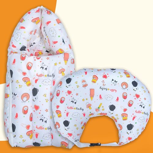 Image of Baby Bedding Set Combo for New Born - Baby Sleeping Bag, Baby Feeding Pillow Ideal for 0 to 6 Months Babies (Panda Orange)