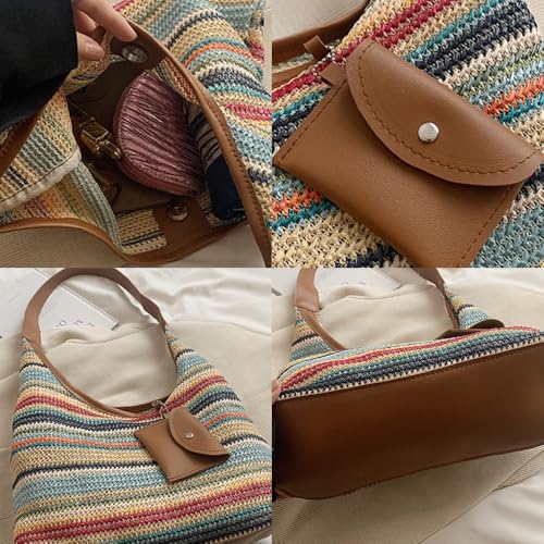 Women's Woven Beach Shoulder Handbag Colorful Straw Tote Bag Summer Vacation Crossbody Bag3