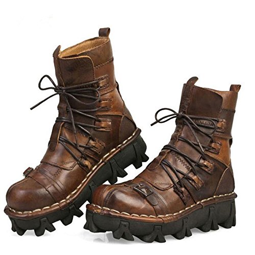 Lorie & Knight Mens Brown Genuine Leather Military Army Boots Lace-up Punk Motorcycle Boots