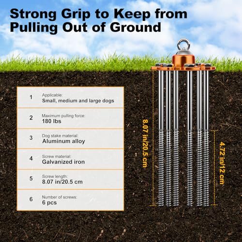 Tivray Anlegepflöcke für Hunde und Kabel, 360° Schwenkbar Hund Pfähle, Heavy Duty Hundehof Leine Pfahl mit 30 ft Hund Tie Out Kabel, Hund Läufer 180 lbs Zugkraft für Draußen Camping Hof, Orange
