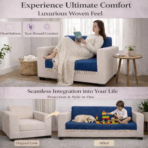 Image of STITCHNEST Blue Chenille Sofa Cover 70x60 Inch - Soft, Durable & Textured Fabric with Tassels | Full Coverage Sofa for Living Room, Bedroom, or Drawing Room