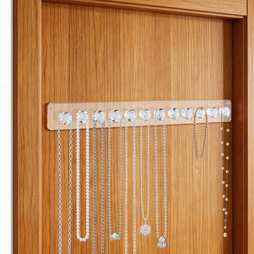Plushly Halskettenhalter, Wandhalterung, Acryl-Halsketten-Organizer, hängende Schmuckaufbewahrung, Aufhänger mit 12 Haken für Armbänder, Ohrringe, Armreifen, verhedderungsfreies Display, transparent