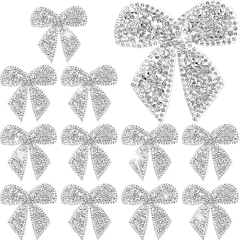 Daifunli 12 Pieces Bow Knot Rhinestone Patches Sparkling Crystal Bow Appliques Iron Sew on Patches Appliques Patches for Jeans Jackets Bags Backpacks Hats Shoes Clothes Decorations Crafts(Silver) Cover