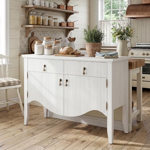 Image of FUSUNBAO 40 inch Fluted Buffet Cabinet, Sideboard Credenza with Drawer,White | Retro,Storage Cabinet,Fluted Sideboard Credenza, 2 Drawer, Accent Bar Cabinet, For Living Room, Dining Room, Entryway