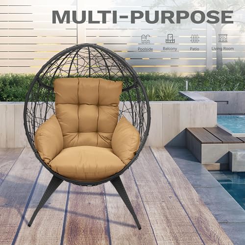 DWVO Oversized Egg Chair with Stand Rattan Outdoor Chairs, Large Lounger Chair with Cushion, Adjustable Leveling Feet, Egg Chair Indoor for Bedroom, Living Room, Outdoor Backyard, Patio, Garden, Beige
