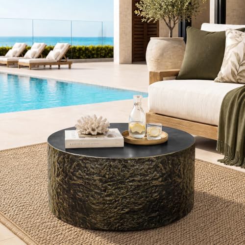 UPHA 28 Round Outdoor Coffee Table Modern Hollow Concrete Patio Table Small Minimalist Low Accent Table for Living Room Balcony Deck Backyard Bronze