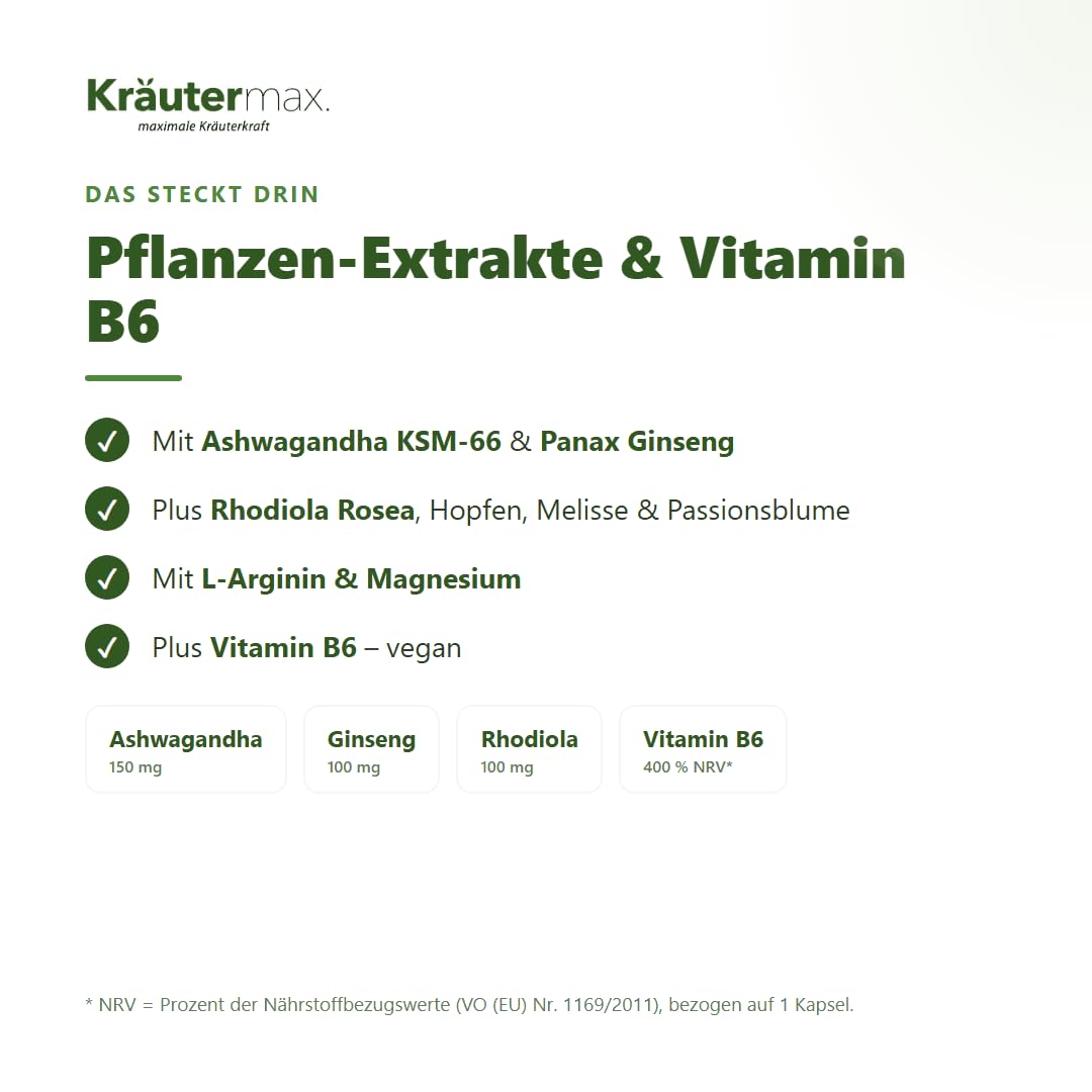 Kräutermax Anti Stress Komplex Kapseln mit Ashwagandha, Panax Ginseng, Magnesium, Rhodiola Rosea, L-Arginin, Hopfen, Melisse, Passionsblume und Vitamin B6, 60 Kapseln
