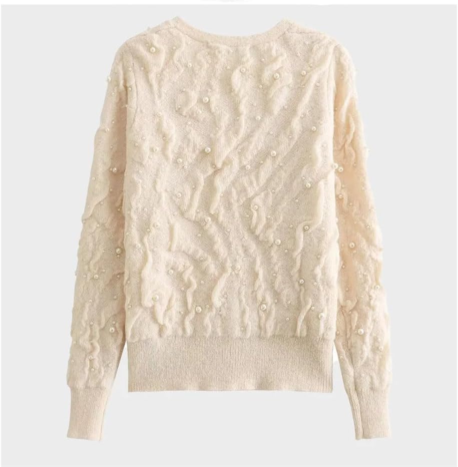 Women Arrival Gentle Style Heavy Sweater Beadwork Decoration V-Neck Textured Long-Sleeved Knitted Sweater