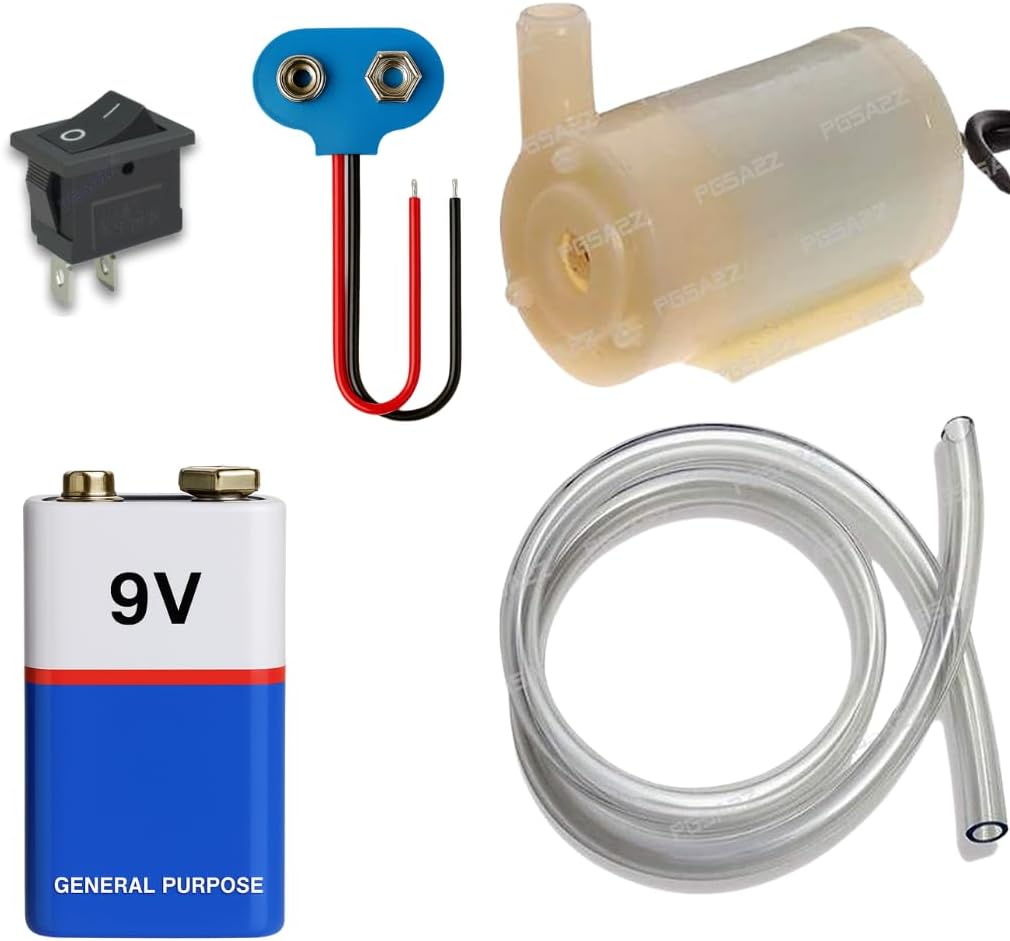 Waterproof Mini DC 9V Water Pump Kit with Battery Clip, ON/OFF Switch & Pipe – DIY Project Use for Aquarium, Fountain, Garden Sprayer, Water Transfer Science Kit