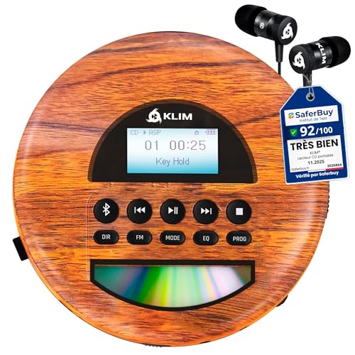 Lecteur CD portable audio de haute précision avec finition Wood et écouteurs KLIM Fusion