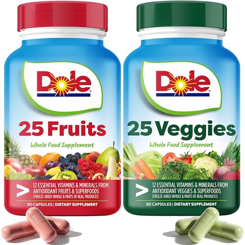 Dole Daily Fruits and Veggies Supplement - Whole Food Plant-Based Nutrition with 25 Fruits + 25 Vegetables 12 Essential Vitamins & Minerals Antioxidant Superfoods 180 Capsules (2 Pack)