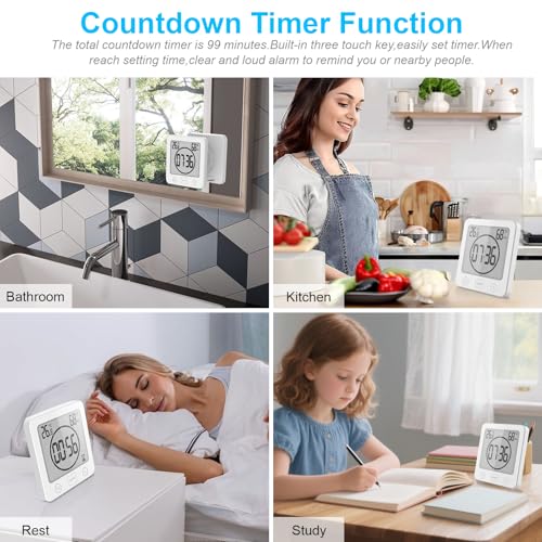YiChZhe Badezimmer Wecker Badewannentimer‌,Wasserfest Digitale Badezimmeruhr, Baduhr Duschtimer mit Hygrometer und Thermometer,LCD-Display,Countdown Timer,für Dusche, Küche,Familienalltag-Weiß