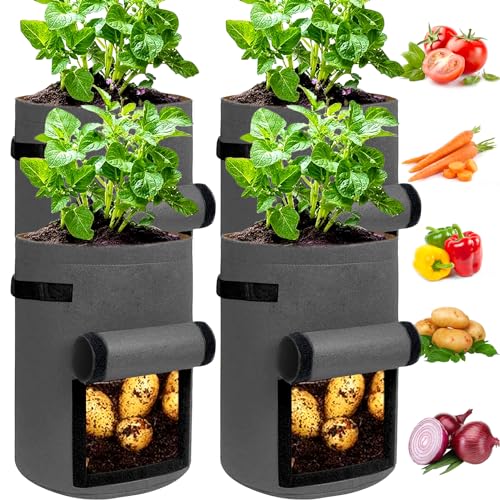 JJGoo 4 Pack Potato Grow Bags 10 Gallon with Flap, Heavy Duty Fabric with Handle and Harvest Window, Non-Woven Planter Pot Plant Garden Bags to Grow Vegetables Tomato, Dark Grey