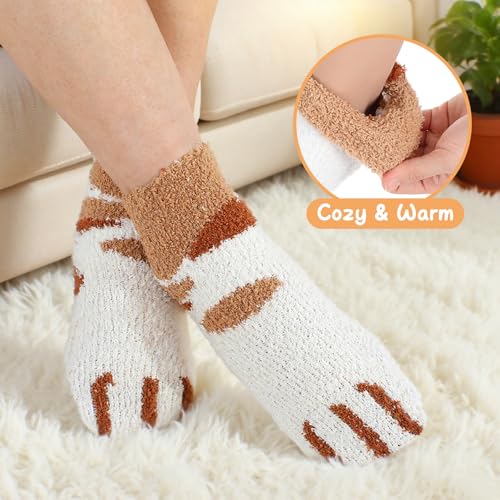 Abeillo 6 Paar Kuschelsocken Damen,Süße Katzensocken aus Korallenfleece,Dicke Warme Wintersocken Haussocken,Katzenpfoten Schlafsocken für Winter,Weihnachten