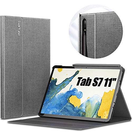 INFILAND Case voor Samsung Galaxy Tab S7 11 inch (T870/T875) 2020, Multi-angle Front Support Shell PU Lederen Cover Stand Case met Auto Slaap/Wake Functie, Grijs