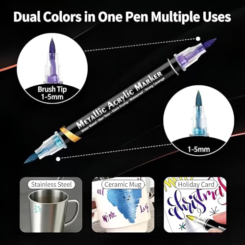 Image of Metallic Acrylic Paint Markers Dual Tip Brush Pens, 24 Colors (12 Pcs) - Water-Based Quick Dry Waterproof Paint Pens for Rock Painting, Canvas, Glass, DIY Crafts, Calligraphy & Card Making