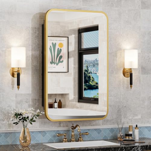 Image of ACEMIRO 16x24 Inch Mirror Medicine Cabinet for Bathroom Gold Metal Frame Bathroom Medicine Cabinet with Mirror Recessed or Wall Mounted